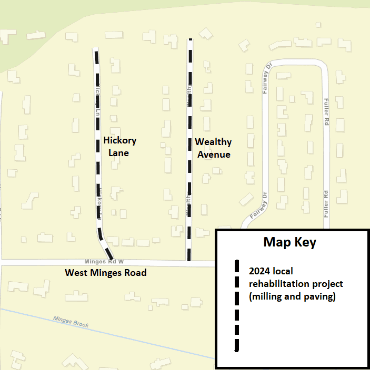 A Battle Creek city street map showing the roadways set to undergo milling and resurfacing.