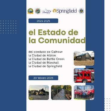 A graphic, in Spanish, with the event details for the 2024-2025 State of the Community.