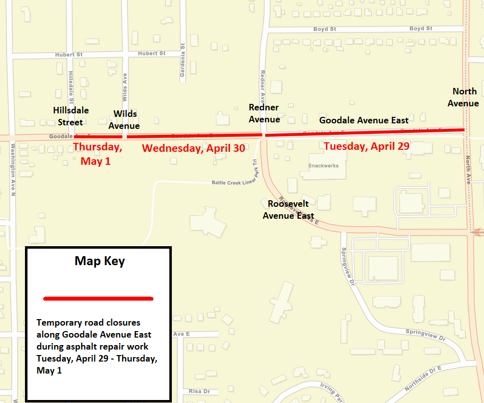 A Battle Creek city street map showing the temporary road closures as solid, red lines.