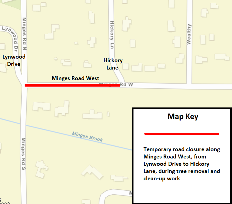 A Battle Creek city street map showing the temporary road closure as a solid, red line.