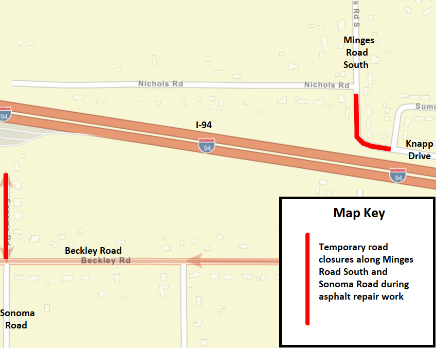 A Battle Creek city street map showing the temporary road closures.