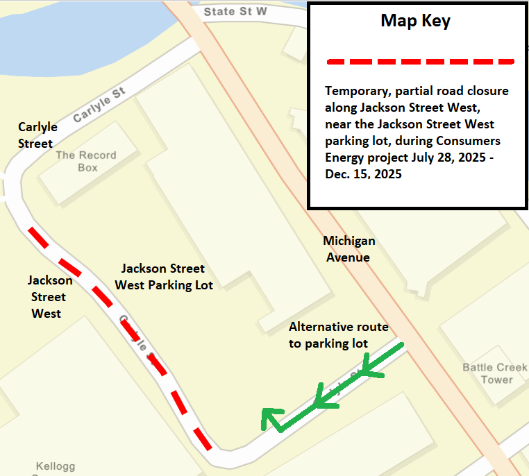 A Battle Creek city street map showing the temporary road closure along Jackson Street West.