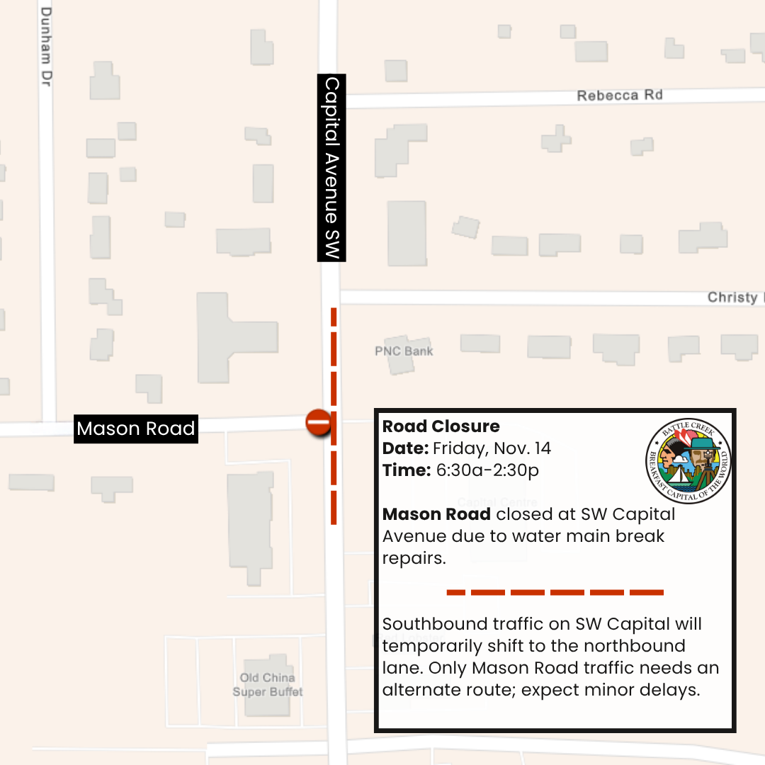 Map showing Mason Road closed at SW Capital Avenue for water main break repairs